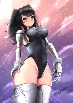 1girl absurdres artist_name black_eyes black_hair black_one-piece_swimsuit blush breasts closed_mouth competition_swimsuit covered_navel cyborg feet_out_of_frame from_below girls'_frontline hair_ornament hairclip highres large_breasts long_hair looking_at_viewer machine mecha_musume mechanical_arms mechanical_legs nyto_(generic)_(girls'_frontline) nyto_(girls'_frontline) nyto_argentus_(girls'_frontline)_(haonfest) one-piece_swimsuit original paradeus prosthesis prosthetic_arm prosthetic_leg solo standing swimsuit thighs twintails yan_kodiac