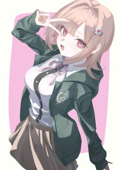 1girl :o absurdres breasts brown_hair brown_skirt collared_shirt danganronpa_(series) danganronpa_2:_goodbye_despair flipped_hair hair_ornament highres hood jacket large_breasts long_sleeves looking_at_viewer medium_hair nanami_chiaki neck_ribbon open_clothes open_jacket oyanemi pink_background pink_eyes pink_ribbon pleated_skirt ribbon shirt skirt solo teeth two-tone_shirt upper_teeth_only v v_over_eye white_background white_shirt