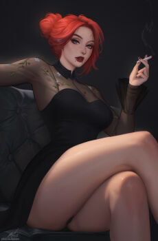 1girl arm_tattoo black_dress black_nails blue_eyes breasts cigarette commentary crossed_legs dress english_commentary face_piercing highres holding holding_cigarette large_breasts lip_piercing looking_at_viewer nebula_(neebulaart) nose_piercing original parted_lips piercing red_hair red_lips scar scar_on_arm scar_on_face scar_on_nose see-through_dress_layer short_hair sitting solo tattoo