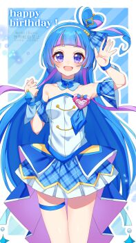 1girl :d absurdres aokaze_nana arm_up artist_name blue_background blue_bow blue_hair blue_skirt blue_sleeves blunt_bangs bow collarbone cure_wink detached_collar diagonal-striped_background floating_hair hair_bow hairband happy_birthday high-low_skirt highres kimi_to_idol_precure long_hair looking_at_viewer miniskirt multicolored_skirt myarikuru open_mouth outline plaid_bow plaid_clothes plaid_skirt pleated_skirt precure purple_eyes short_sleeves skirt smile solo standing strapless striped_background thigh_gap thigh_strap very_long_hair waving white_hairband white_outline white_skirt