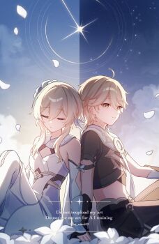 1boy 1girl aether_(genshin_impact) ahoge back-to-back bare_shoulders black_gloves blonde_hair blue_trim boots braid breasts brother_and_sister brown_pants brown_shirt chinese_commentary closed_mouth cloud cloudy_sky commentary_request crop_top detached_sleeves dress earrings feather_hair_ornament feathers flower genshin_impact gloves hair_between_eyes hair_flower hair_ornament hana_(nemukunai87) highres jewelry light_smile long_hair lumine_(genshin_impact) midriff navel pants partially_fingerless_gloves petals scarf shirt short_hair short_hair_with_long_locks short_sleeves siblings sidelocks single_braid single_earring sitting sky sleeping sleeveless sleeveless_dress small_breasts thigh_boots twins twitter_username watermark white_boots white_dress white_flower white_scarf yellow_eyes