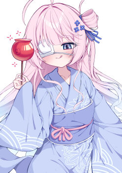 1girl :q ahoge blue_eyes blue_kimono blush candy_apple character_request closed_mouth copyright_request eyepatch flower food gradient_hair hair_bun hair_flower hair_ornament hair_ribbon highres holding holding_food japanese_clothes kimono long_hair long_sleeves looking_at_viewer medical_eyepatch metaljelly multicolored_hair obi pink_hair ribbon sash simple_background single_side_bun smile solo tongue tongue_out white_background wide_sleeves yukata