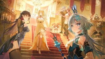 4boys 6+girls absurdres aglaea_(honkai:_star_rail) alternate_costume anaxa_(honkai:_star_rail) apron aqua_hair basket black_hair black_thighhighs blonde_hair blue_eyes blue_hair book breasts candle candlestand castorice_(honkai:_star_rail) cerydra_(honkai:_star_rail) chandelier cleavage commentary crown dan_heng_(honkai:_star_rail) dan_heng_(permansor_terrae)_(honkai:_star_rail) diamond-shaped_pupils diamond_(shape) dress english_commentary evernight_(honkai:_star_rail) food formal_clothes frown hair_ornament hand_up highres holding holding_basket holding_book holding_plate holding_scepter honkai:_star_rail honkai_(series) hyacine_(honkai:_star_rail) hysilens_(honkai:_star_rail) indoors jacket large_breasts little_ica_(honkai:_star_rail) looking_at_viewer march_7th_(honkai:_star_rail) mem_(honkai:_star_rail) mini_crown multiple_boys multiple_girls mydei_(honkai:_star_rail) necktie pancake pancake_stack pants phainon_(honkai:_star_rail) pibag pink_hair plate purple_hair red_hair scepter shoes sitting skirt_hold smile stairs standing stelle_(honkai:_star_rail) suit suit_jacket symbol-shaped_pupils thighhighs trailblazer_(honkai:_star_rail) trianne_(honkai:_star_rail) tribbie_(honkai:_star_rail) trinnon_(honkai:_star_rail) triplets white_apron white_dress
