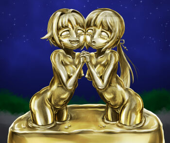 2girls blonde_hair blunt_bangs bodypaint breasts cheek-to-cheek cleft_of_venus collarbone colored_eyelashes colored_nipples colored_sclera colored_skin colored_tongue completely_nude facepaint gold_hair gold_paint gold_skin groin hair_intakes hair_ornament heads_together idolmaster idolmaster_cinderella_girls immobilization interlocked_fingers koshimizu_sachiko long_hair low_ponytail metal_skin multiple_girls navel night no_irises no_pupils nude open_mouth paint petrification planted_legs ponytail puffy_nipples pupiless_eyes pussy raised_eyebrows restrained shiny_skin sidelocks sky solid_eyes star_(sky) stationary_restraints statue stuck tears transformation yaneura_(yaneur) yellow_nipples yellow_sclera yellow_tongue yorita_yoshino