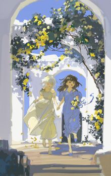 2girls absurdres arch black_eyes black_hair blonde_hair blue_dress blue_sky bouquet closed_eyes commentary_request day dress flower full_body highres holding holding_bouquet holding_hands long_dress long_hair medium_hair multiple_girls off-shoulder_dress off_shoulder open_mouth original outdoors rafaelaaa running shadow shoes short_sleeves sky tree white_hair yellow_dress