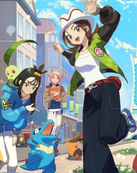 absurdres ahoge baguette bell-bottoms belt bird black_hair blonde_hair blue_eyes blue_hoodie blue_shirt bread breasts brown_eyes brown_hair brown_jacket building chikorita closed_eyes closed_mouth cube_hair_ornament day earclip fangs fletchling food gen_2_pokemon gen_5_pokemon gen_6_pokemon green_jacket grey_eyes grin hair_ornament harmony_(pokemon) hat highres holding hood hood_down hoodie hsin jacket leaf leggings lida_(pokemon) long_hair long_sleeves looking_at_viewer lumiose_city multiple_boys multiple_girls nintendo on_shoulder open_clothes open_jacket open_mouth orange_leggings outdoors pants pokemon pokemon_(creature) pokemon_legends:_z-a pokemon_on_shoulder prism_tower sharp_teeth shirt shoes short_hair smile spritzee striped_hat tail teeth tepig topknot totodile two-tone_legwear urbain_(pokemon) white_hat white_leggings white_shirt wispy_bangs