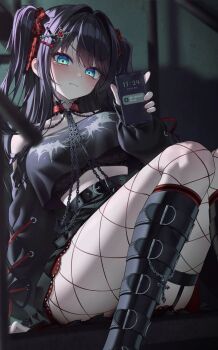 1girl bare_shoulders belt black_boots black_bra black_shirt black_skirt blue_eyes boots bow bra breasts cellphone choker convenient_leg crop_top crop_top_overhang ekta fishnet_pantyhose fishnets frown garter_straps hair_bow hair_ornament hashtag-only_commentary heart heart_o-ring high-waist_skirt highres holding holding_phone knee_boots knees_up lace lace-trimmed_skirt lace_trim large_breasts long_hair long_sleeves looking_at_viewer midriff miniskirt o-ring off_shoulder pantyhose phone red_choker shirayuki_hina shirt single_garter_strap sitting skirt smartphone solo stellive tearing_up thighs two_side_up underwear v-shaped_eyebrows virtual_youtuber x_hair_ornament