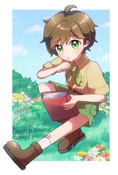Rule 34 | 1boy, :o, belt, book, border, breast pocket, brown belt, brown hair, brown shoes, budding expeditioner (pokemon), cargo shorts, clenched hand, collared shirt, commentary request, day, flower, grass, green eyes, green shorts, highres, holding, holding book, kohaya (cosagao), male focus, nintendo, outdoors, pocket, pokemon, pokemon tcg, pokemon tcg pocket, shirt, shoes, short hair, short sleeves, shorts, socks, solo, sparkle, white border, white socks