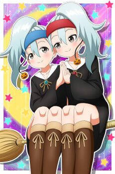 2girls absurdres blue_hair broom broom_riding commentary_request halloween_costume hand_to_hand headband highres ishigakiseiya kikyou_(kunoichi_tsubaki_no_mune_no_uchi) kunoichi_tsubaki_no_mune_no_uchi light_smile multiple_girls pumpkin siblings twins twins_day uikyou_(kunoichi_tsubaki_no_mune_no_uchi) witch