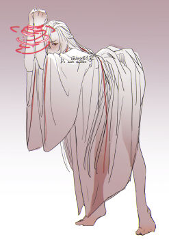 1010923 1boy arms_up bare_legs barefoot bdsm bent_over blush bondage bound bound_wrists chinese_clothes chromatic_aberration fate/stay_night fate_(series) full_body gradient_background hair_down hair_ribbon half_updo hanfu highres long_hair looking_at_viewer male_focus modao_zushi monochrome official_alternate_hairstyle red_eyes red_ribbon ribbon robe scene_reference see-through_clothes signature simple_background solo spot_color standing tiptoes twitter_username very_long_hair wei_wuxian wei_wuxian_(yiling_laozu) white_background wide_sleeves