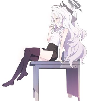 1girl ahoge black_halo black_skirt black_thighhighs blue_archive breasts demon_girl demon_horns desk halo highres hina_(blue_archive) horns long_hair s10021 simple_background sitting skirt small_breasts solo thighhighs thighs white_background white_hair