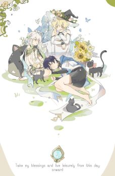 1boy 2girls anemo_symbol_(genshin_impact) anklet aqua_gemstone armlet artist_name barefoot belt black_bodysuit black_cat black_hair black_hat black_shoes blonde_hair blue_cape blue_flower blue_sleeves blue_trim blunt_ends blush bodysuit bow bracelet breasts bug butterfly cape cat clenched_hand closed_mouth colored_tips detached_sleeves dress english_text flower furisode gem genshin_impact gold gold_trim green_eyes green_hair green_sleeves hair_between_eyes hair_flower hair_ornament half_crown_braid halterneck hand_on_own_face hat headpat highres insect japanese_clothes jewelry kimono lap_pillow large_breasts layered_sleeves leaf leaf_hair_ornament long_hair looking_at_another looking_to_the_side lumine_(genshin_impact) lying mandarin_collar multicolored_flower multicolored_hair multiple_girls on_grass on_side one_eye_closed open_mouth paimon_(genshin_impact) pink_bow plant potted_plant scaramouche_(genshin_impact) scarf shimianaya shoes short_hair short_hair_with_long_locks short_sleeves side_ponytail sidelocks sitting smile socks sunflower sweatdrop tareme tears toeless_socks two-sided_fabric two-sided_headwear vambraces vines vision_(genshin_impact) wanderer_(genshin_impact) white_background white_belt white_butterfly white_dress white_flower white_hair white_hat white_kimono white_scarf white_sleeves white_socks witch_hat yellow_eyes yellow_flower yokozuwari