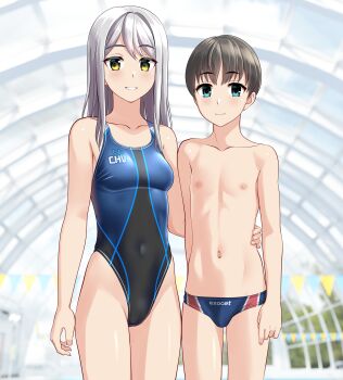 1boy 1girl absurdres age_difference black_hair blue_male_swimwear blue_one-piece_swimsuit breasts bulge commentary_request competition_swimsuit covered_navel cowboy_shot glass_ceiling green_eyes grey_hair height_difference highleg highleg_one-piece_swimsuit highres indoors long_hair male_swimwear medium_breasts navel one-piece_swimsuit onee-shota original parted_lips short_hair smile string_of_flags swim_briefs swimsuit takafumi two-tone_male_swimwear two-tone_swimsuit variant_set yellow_eyes