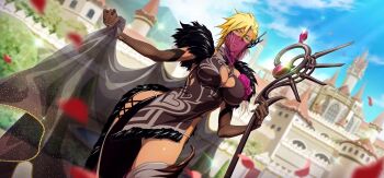 bleach bleach:_brave_souls blonde_hair blue_sky breasts castle cleavage cleavage_cutout clothing_cutout cloud colored_eyelashes dark-skinned_female dark_skin dress elbow_gloves espada face_veil fur_trim gloves green_eyes large_breasts lips looking_at_viewer medium_hair official_alternate_costume official_art second-party_source shiny_skin sky staff tier_harribel veil