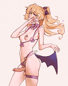 1girl absurdres ass belly blonde_hair bow bowtie breasts brooch cyber_(cyanceebee) erection fang feet_out_of_frame female_pubic_hair fischl_(genshin_impact) futa_without_pussy futanari genshin_impact green_eyes highres jewelry laughing lifting_own_clothes lingerie long_hair looking_at_viewer navel necklace nipple_piercing nipples ojou-sama_pose one_eye_covered open_mouth penis petite piercing pubic_hair simple_background small_breasts solo standing stomach testicles thighs uncensored underwear veins veiny_penis white_background