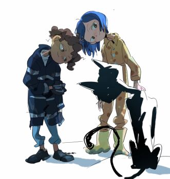 1boy 1girl animal arrcticc_fish black_gloves black_jacket blue_hair boots brown_eyes brown_hair cat cat_(coraline) chinese_commentary commentary_request coraline_(movie) coraline_jones dark-skinned_male dark_skin gloves head_tilt highres holding_own_arm jacket kinky_hair looking_at_animal pajamas short_hair simple_background white_background wybie_lovat
