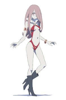 1girl boots bored cosplay costume female_focus hair_over_one_eye high_heel_boots high_heels legs little_witch_academia long_hair pale_skin purple_eyes purple_hair satochi solo sucy_manbavaran vampirella vampirella_(character) vampirella_(character)_(cosplay)