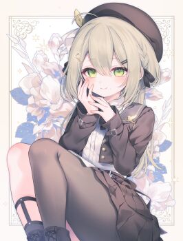 1girl absurdres beret black_cardigan black_hat black_skirt bob_cut border cardigan closed_mouth commission cropped_cardigan double-parted_bangs feet_out_of_frame floral_background green_eyes grey_hair half_crown_braid hand_on_own_cheek hand_on_own_face hands_up hat highres indie_virtual_youtuber knees_up komachi_pochi legs_together long_sleeves looking_at_viewer mole mole_under_mouth own_hands_together petite second-party_source shirt single_thighhigh skeb_commission skirt smile solo thighhighs white_background white_border white_shirt