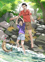 Rule 34 | 2boys, :d, absurdres, aged down, arms up, barefoot, black eyes, black hair, blue shorts, brown shorts, cerovein, child, collared shirt, father and son, fish, fishing, fishing rod, highres, holding, holding fishing rod, kamijou touma, kamijou touya, male focus, midriff peek, multiple boys, open mouth, orange shirt, outdoors, purple shirt, rock, shirt, short hair, short sleeves, shorts, smile, spiked hair, standing, t-shirt, teeth, toaru majutsu no index, toes, tongue, tree, upper teeth only, wading