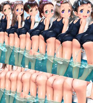 absurdres ass barefoot bent_over blue_one-piece_swimsuit blush censored cleft_of_venus dot_nose embarrassed female_focus flat_chest from_behind glasses higeepon highres huge_filesize loli looking_at_viewer looking_back multiple_girls multiple_views nude one-piece_swimsuit peeing photoshop_(medium) pool public_indecency public_nudity pussy school_swimsuit smile split_screen standing swimsuit tagme tan tanline third-party_edit wet