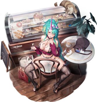 1girl aqua_hair artist_request bag black_mask bow bread breasts cake cake_slice cat character_request chocolate chocolate_on_body chocolate_on_breasts coffee daiblos_core donut ear_piercing eyewear_on_head fishnet_thighhighs fishnets food food_on_body fork green_hair hair_ornament hairclip high_heels highres holding holding_fork horns large_breasts long_hair mask midriff mismatched_thighhighs mouth_mask multicolored_hair nail_polish navel open_mouth piercing pink_horns pink_nails plant plate potted_plant red_bow sitting smile spoon streaked_hair striped_clothes striped_thighhighs thighhighs toenail_polish toenails wooden_floor