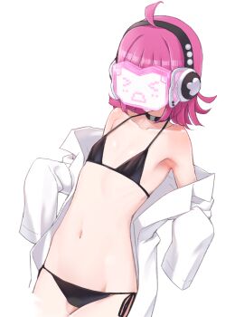 >_< 1girl :o antenna_hair armpits bare_shoulders bikini black_bikini black_choker choker collarbone flat_chest halterneck headphones highres lab_coat long_sleeves love_live! love_live!_nijigasaki_high_school_idol_club love_live!_school_idol_festival love_live!_school_idol_festival_all_stars medium_hair micro_bikini nasuno_(nasuno42) navel pink_hair screen side-tie_bikini_bottom simple_background solo swimsuit tennoji_rina white_background