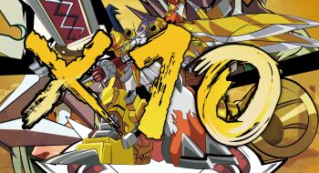 1girl absurdres arresterdramon digimon digimon_xros_wars digimon_xros_wars:_toki_wo_kakeru_shounen_hunter-tachi fusion highres holding holding_cannon holding_sword holding_weapon mecha mervamon robot shoutmon_x7 solo sword tai_(cheungsk1213) tuwarmon weapon