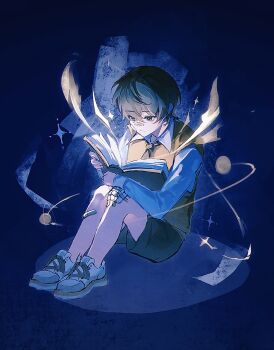 1boy bandaid bandaid_on_face bandaid_on_knee bandaid_on_leg bandaid_on_nose black_hair black_necktie book child collared_shirt curled_up full_body glowing hashtag-only_commentary highres holding holding_book kim_dokja knees_up male_focus necktie oldest_dream omniscient_reader&#039;s_viewpoint orbital_path planet shirt shoes short_hair sitting sneakers solo spotlight sqtaya1 vest white_shirt yellow_vest