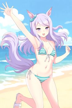 1girl absurdres alternate_costume animal_ears arm_up armpits beach bikini breasts collarbone commentary highres horse_ears horse_tail kiniro_tofu mejiro_mcqueen_(umamusume) navel ocean open_mouth purple_eyes purple_hair sandals sky small_breasts solo swimsuit tail umamusume