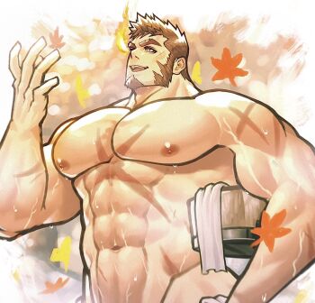 1boy abs autumn_leaves bara cowboy_shot cross_scar facial_hair flaming_eye goatee hand_up heracles_(housamo) highres huge_pectorals leaf male_focus mature_male muscular muscular_male mutton_chops navel nipples nude onsen scar scar_on_chest short_hair sideburns smile solo standing thick_eyebrows tokyo_houkago_summoners toshun_(momotoshi) veins veiny_arms wet