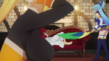 10s 1boy 3girls animated animated_gif aqua_(konosuba) ass between_breasts blonde_hair blue_hair blush boots bouncing_breasts breasts brown_hair couch darkness_(konosuba) exercising fanning hair_rings head_between_breasts indoors kono_subarashii_sekai_ni_shukufuku_wo! large_breasts long_hair lying multiple_girls no_bra on_side pimp ponytail satou_kazuma sitting standing thigh_boots thighhighs wiz_(konosuba)