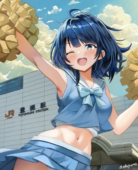 1girl ;d ahoge blue_bow blue_bowtie blue_eyes blue_hair blue_shirt blue_skirt blue_sky bow bowtie cheerleader cloud cloudy_sky commentary_request crop_top day detached_sleeves highres holding holding_pom_poms make_heroine_ga_oo_sugiru! medium_hair midriff navel one_eye_closed open_mouth outdoors pom_pom_(cheerleading) pom_poms sailor_collar shirt skirt sky sleeveless sleeveless_shirt smile solo staryume teeth upper_body upper_teeth_only white_sailor_collar yanami_anna