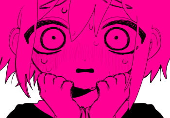 Rule 34 | 1boy, basil (faraway) (omori), basil (omori), blush, close-up, commentary request, double-parted bangs, hair between eyes, highres, kobanzame omo, looking at viewer, male focus, omori, parted lips, pink theme, short hair, sidelocks, sketch, solo, sweat, upper body