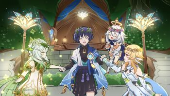 1boy 3girls absurdres aqua_gemstone aqua_kimono aqua_sleeves arm_at_side arm_cutout armlet armor bare_shoulders bazaar belt black_belt black_bodysuit black_bow black_cape black_gloves black_hair black_scarf black_shorts blonde_hair blue_trim blunt_ends bodysuit bow bracelet breasts brick_wall bridal_gauntlets bush cape cleavage clenched_hands closed_eyes closed_mouth clothing_cutout detached_sleeves diamond_hair_ornament dress eyelashes eyeliner eyeshadow feather_hair_ornament feathers flower flower_wreath fringe_trim furisode gem genshin_impact gloves glowing_gem gold gold_trim gradient_hair green_hair green_sleeves hair_ornament hakama hakama_shorts half_crown_braid halo han&#039;eri happy highres holding_hands japanese_armor japanese_clothes jewelry kimono kote kurokote lamp lamppost layered_clothes layered_kimono layered_sleeves leaf leaf_hair_ornament long_sleeves looking_at_another lumine_(genshin_impact) makeup mandarin_collar mechanical_halo midair middle_eastern_architecture middle_ring multicolored_hair multiple_girls nahida_(genshin_impact) open_clothes open_hand open_kimono open_mouth outdoors paimon_(genshin_impact) partially_fingerless_gloves pink_flower pleated_shorts pointy_ears pom_pom_(clothes) purple_flower purple_rope purple_sash red_eyeliner red_eyeshadow romper rope sash scaramouche_(genshin_impact) scarf short_hair short_hair_with_long_locks short_sleeves shorts shoulder_peek sidelocks single_thighhigh smile sparkle_print stage sumeru_city tassel teeth thighhighs twitter_username upper_teeth_only vambraces verdana_medina vision_(genshin_impact) wanderer_(genshin_impact) white_dress white_flower white_hair white_kimono white_romper white_scarf white_sleeves white_thighhighs yellow_eyes yellow_feathers yellow_flower