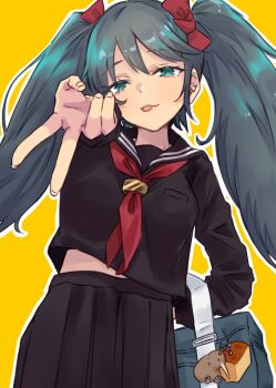 Rule 34 | 1girl, alakoala, alternate costume, bag, bird, black serafuku, black shirt, black skirt, commentary request, green eyes, grey hair, gyaru v, highres, isuzu (kancolle), kantai collection, kiwi (bird), long hair, long sleeves, pleated skirt, sailor collar, sailor shirt, school bag, school uniform, serafuku, shirt, skirt, solo, tongue, tongue out, twintails, v, winter uniform, yellow background