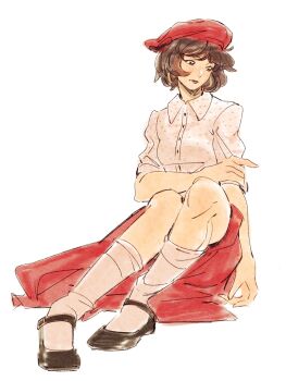 1girl beret black_hair black_shoes breasts clair_obscur:_expedition_33 closed_mouth collared_shirt full_body hat highres mary_janes medium_breasts mmariesr polka_dot polka_dot_shirt red_hat red_skirt shirt shoes short_hair sitting skirt sleeves_rolled_up socks solo sophie_(clair_obscur:_expedition_33) white_background white_shirt white_socks