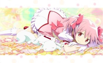 1girl anime_coloring artist_request border bow bubble bubble_skirt center_frills chest_jewel child closed_mouth colorful_background crossed_arms dot_nose dress dress_bow feet_out_of_frame frilled_skirt frilled_sleeves frilled_socks frills game_cg gem gloves hair_between_eyes hair_bow happy highres kaname_madoka kaname_madoka_(magical_girl) kneehighs kyubey letterboxed magical_girl mahou_shoujo_madoka_magica mahou_shoujo_madoka_magica_(anime) mahou_shoujo_madoka_magica_magia_exedra miniskirt official_art pink_bow pink_dress pink_eyes pink_gemstone pink_hair polka_dot_border puffy_short_sleeves puffy_sleeves red_shoes shoes short_dress short_hair short_sleeves short_twintails skirt skirt_under_dress sleeping smile socks sparkle square_neckline tareme twintails white_border white_gloves white_skirt white_sleeves white_socks