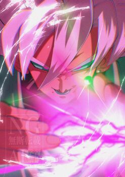 1boy close-up dragon_ball dragon_ball_super earrings energy_blade goku_black highres jewelry looking_at_viewer male_focus parted_lips pink_eyes pink_hair potara_earrings single_earring smirk solo spiked_hair stktik09060906 super_saiyan super_saiyan_rose