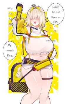 1girl ahoge aoichan_77 black_gloves black_sports_bra blonde_hair breasts clothing_cutout crop_top cropped_sweater elegg_(nikke) exposed_pocket gloves goddess_of_victory:_nikke hair_intakes hair_over_eyes highres large_breasts long_bangs long_sleeves micro_shorts multicolored_gloves multicolored_hair navel olo short_hair shorts shoulder_cutout sports_bra suspender_shorts suspenders sweater thigh_strap thighs two-tone_hair white_shorts yellow_gloves