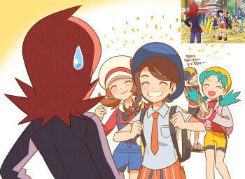 2boys 3girls :d backpack bag black_bag blue_overalls breast_pocket brown_hair chueog closed_eyes collared_shirt commentary_request cowlick ethan_(pokemon) eyelashes game_screenshot_inset green_hair grey_jacket hands_up hat highres jacket juliana_(pokemon) korean_commentary korean_text kris_(pokemon) long_sleeves lyra_(pokemon) multiple_boys multiple_girls necktie nintendo open_mouth orange_necktie orange_shorts overalls pocket pokemon pokemon_gold/silver/crystal pokemon_heartgold_and_soulsilver pokemon_masters_ex pokemon_scarlet_and_violet red_hair red_shirt screenshot_inset shirt shorts silver_(pokemon) smile sweatdrop translation_request twintails white_background yellow_hat