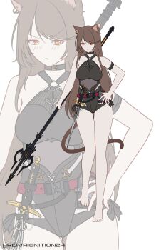 1girl absurdres alt_text animal_ear_piercing animal_ears arknights arm_strap black_choker black_one-piece_swimsuit breasts brown_hair brown_tail choker closed_mouth commentary commentary_typo english_commentary full_body hand_on_own_hip highres holding holding_polearm holding_weapon lance light_blush long_hair looking_at_viewer medium_breasts o-ring one-piece_swimsuit polearm rapier reivaignition124 skyfire_(arknights) solo swimsuit sword tail thigh_gap twitter_username v-shaped_eyebrows watermark weapon white_background yellow_eyes zoom_layer