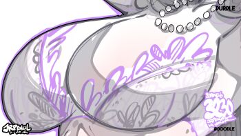 1girl absurdres artist_name bra breast_focus breasts commentary dated highres jewelry jrpencil large_breasts necklace original paid_reward_available pearl_necklace purple_bra simple_background solo underwear underwear_only white_background