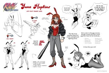 1girl animal_ear_hairband animal_ears arrow_(symbol) baseball_bat black_hairband black_jacket bow bowtie breasts brown_hair character_name character_profile cleavage commentary detached_collar drawstring english_commentary english_text fake_animal_ears fishnet_pantyhose fishnets frown glasses grey_pants hairband high_heels highleg highleg_leotard highres holding holding_baseball_bat jacket lace_pantyhose_hooked_on_heel_(meme) leotard long_hair long_sleeves medium_breasts meme mole mole_on_breast multiple_views open_clothes open_jacket over_shoulder pants pantyhose playboy_bunny rabbit_ears red_bow red_bowtie red_leotard red_shoes rumble_after_dark shoes simple_background single_bare_shoulder single_off_shoulder spicymancer spoken_squiggle squiggle strapless strapless_leotard swinging_baseball_bat weapon weapon_over_shoulder white_background wrist_cuffs