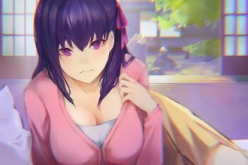 1girl absurdres blush breasts cleavage fate/stay_night fate_(series) grin hair_ribbon highres large_breasts long_hair long_sleeves looking_at_viewer matou_sakura pink_shirt purple_eyes purple_hair ribbon shirt skirt smile solo yellow_skirt yotsutsu428