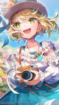 Rule 34 | 1girl, :d, blonde hair, blue skirt, blue sky, blurry, blurry background, camera, casual, copyright name, copyright notice, cowboy shot, day, depth of field, eyes visible through hair, field, floating clothes, floating hair, floral print, floral print skirt, flower, flower field, frilled shirt, frilled skirt, frills, green eyes, hair between eyes, hair ornament, hairclip, happy, hat, hat flower, heaven burns red, high-waist skirt, highres, holding, holding camera, irene redmayne, irene redmayne (where the breeze's song leads), jewelry, long skirt, long sleeves, looking at viewer, necklace, off-shoulder shirt, off shoulder, official alternate costume, official art, official wallpaper, open mouth, outdoors, pink flower, print skirt, shirt, short hair, skirt, sky, smile, solo, sun hat, teeth, upper teeth only, white flower, white shirt, wind, yellow flower