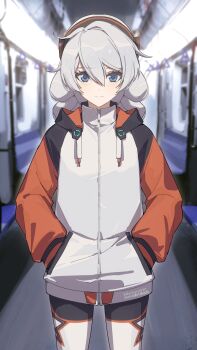 1girl absurdres blue_eyes bodysuit bodysuit_under_clothes chinese_commentary commentary_request hands_in_pockets highres honkai_(series) honkai_impact_3rd jacket kiana_kaslana kiana_kaslana_(prodigal_girl) kiana_kaslana_(white_comet) long_hair multicolored_jacket orange_jacket smile solo train_interior two-tone_jacket very_long_hair white_hair white_jacket yiyiyiyi670