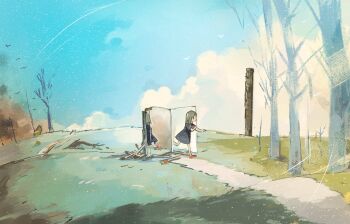 1girl bare_tree blue_sky cloud day doorway dress hill landscape matches original path road scenery sky smoke solid_oval_eyes solo tree tsushima_sora wide_shot