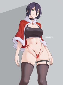 1girl absurdres black_hair black_sports_bra blush breasts brown_thighhighs capelet chainsaw_man choker cleavage commentary english_commentary green_eyes hair_between_eyes hair_bun highleg highleg_panties highres looking_at_viewer medium_breasts melowh navel panties red_capelet red_panties reze_(chainsaw_man) short_hair smile solo sports_bra thighhighs thighs underwear