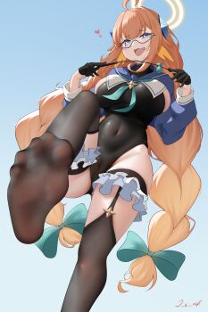1girl blue_archive blue_eyes breasts cameltoe feet glasses highres j.c.14 large_breasts leotard long_hair looking_at_viewer open_mouth orange_hair pointer see-through_clothes see-through_legwear shimiko_(blue_archive) soles thighhighs toes