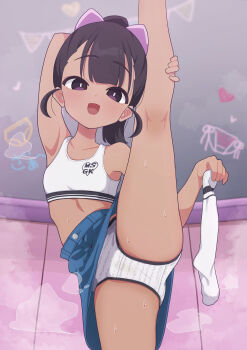 1girl absurdres arm_behind_head arm_up armpits bare_legs bare_shoulders black_hair blue_skirt breasts commentary_request cowboy_shot denim denim_skirt flexible highres himitsu_ni_shitoite_ageru holding_sock kneepits legs loli midriff open_mouth original paid_reward_available panties purple_eyes short_hair skirt small_breasts smile socks solo split sports_bra standing standing_on_one_leg standing_split steaming_body sweat thighs underwear unworn_socks white_panties white_socks white_sports_bra